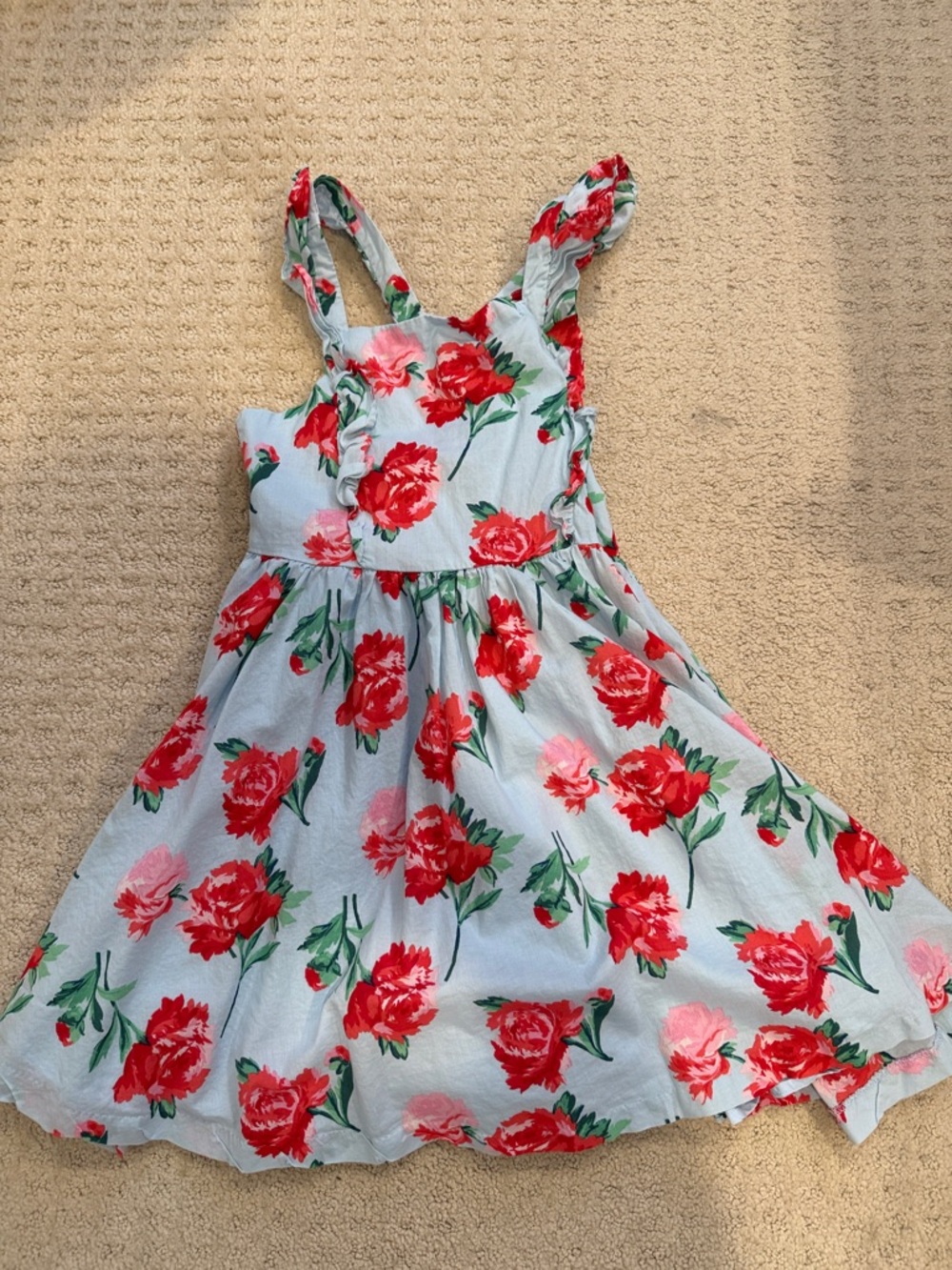 Girls Floral Red Rose Light Blue 100% Cotton Sundress - Sz 8